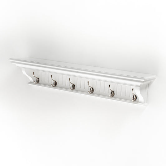 39" White Solid Wood Six Hook Wall Mount Coat Rack-0