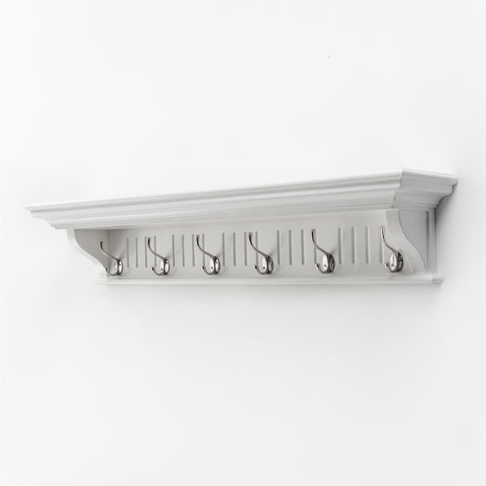 39" White Solid Wood Six Hook Wall Mount Coat Rack-1