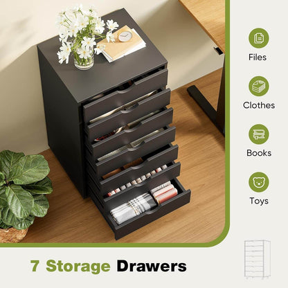7 Drawer Chest Mobile Storage Cabinets Wooden Dresser with Wheels in Black - Loft&Timber