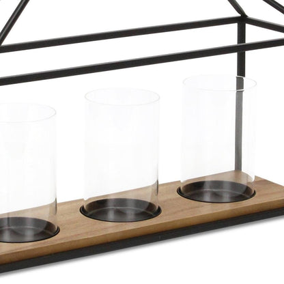 15" Black Metal Glass And Wood Geometric Three Light Hurricane Candle Holder - Loft&Timber