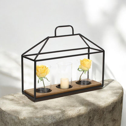 15" Black Metal Glass And Wood Geometric Three Light Hurricane Candle Holder - Loft&Timber