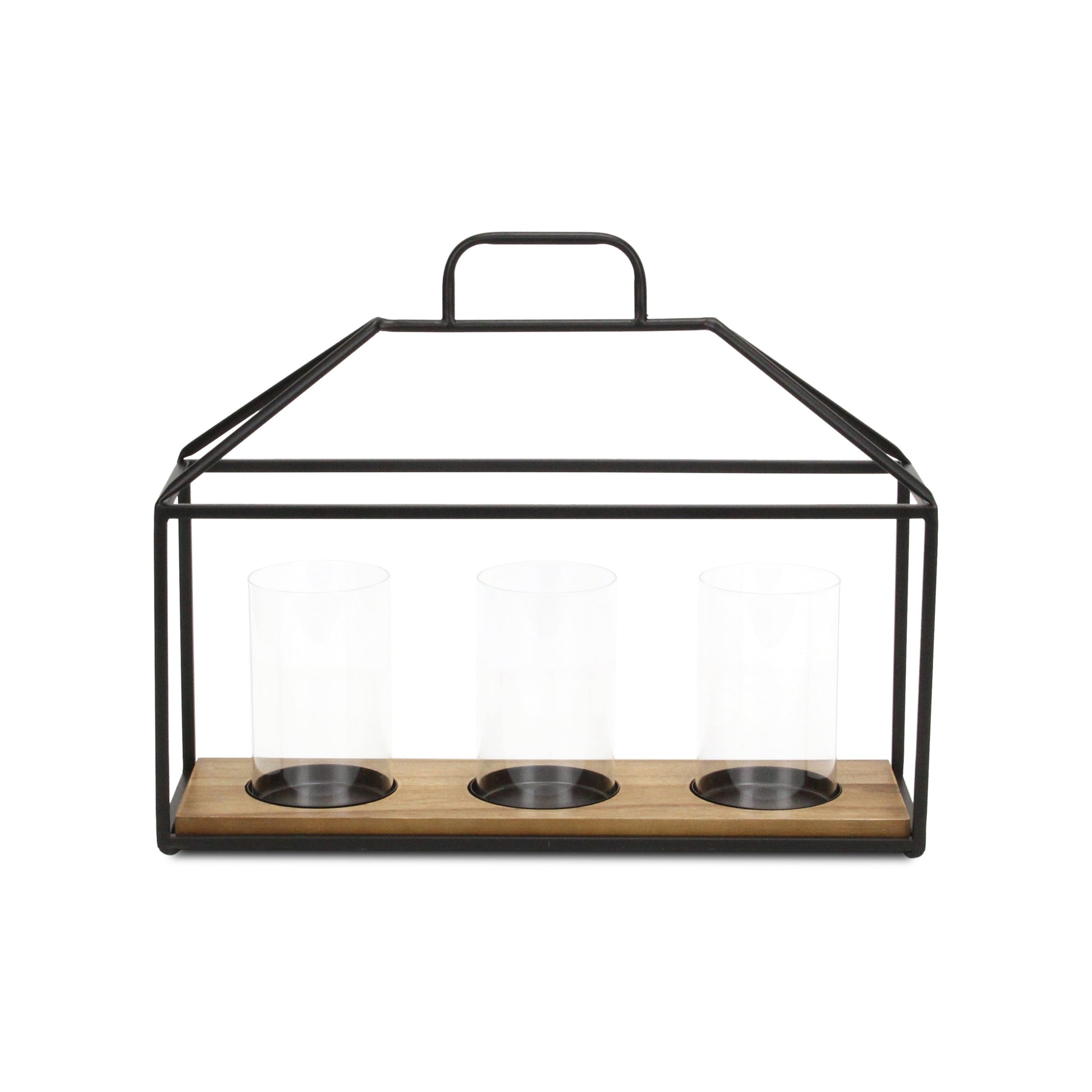 15" Black Metal Glass And Wood Geometric Three Light Hurricane Candle Holder - Loft&Timber