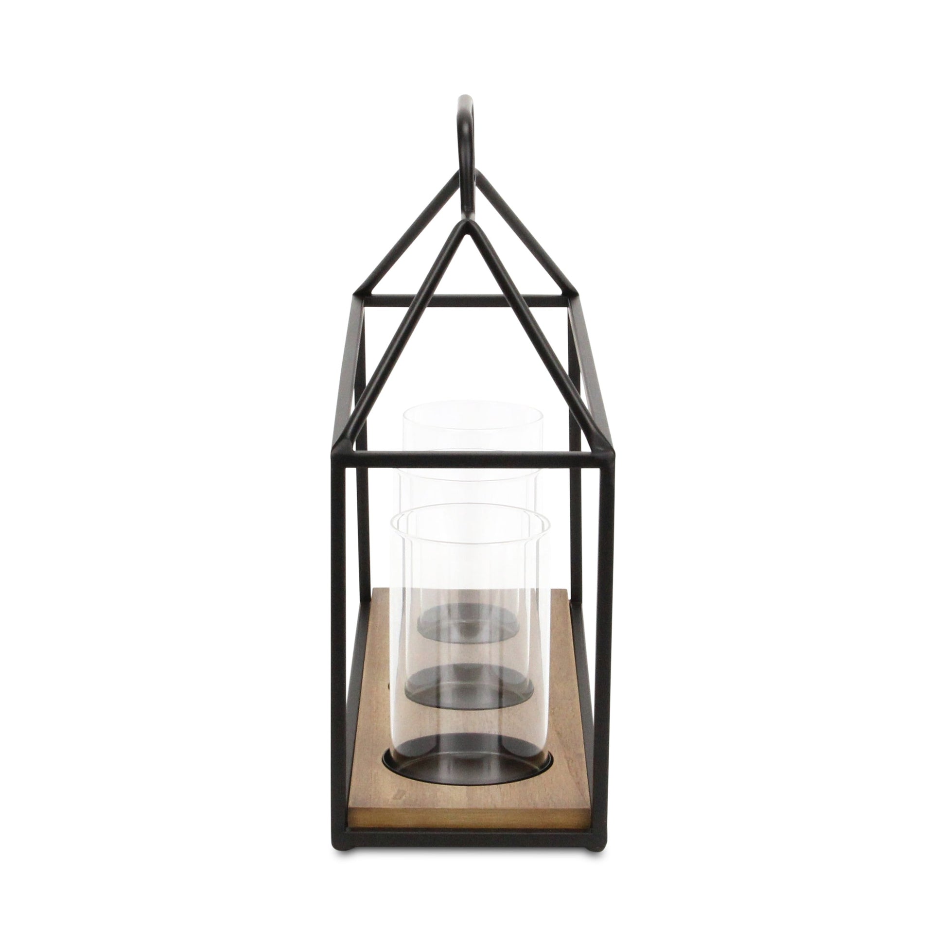 15" Black Metal Glass And Wood Geometric Three Light Hurricane Candle Holder - Loft&Timber