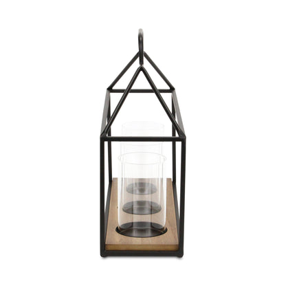 15" Black Metal Glass And Wood Geometric Three Light Hurricane Candle Holder - Loft&Timber