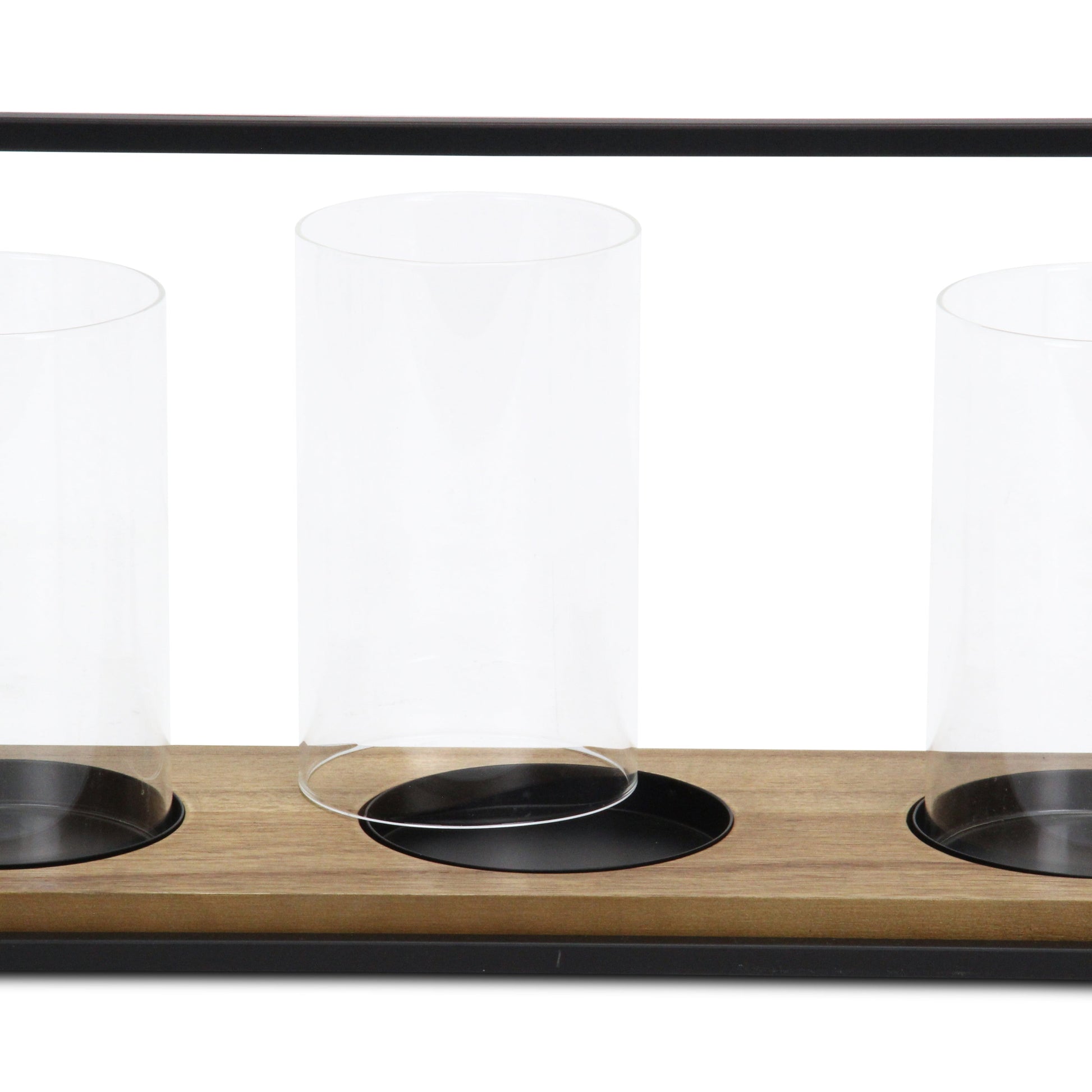 15" Black Metal Glass And Wood Geometric Three Light Hurricane Candle Holder - Loft&Timber