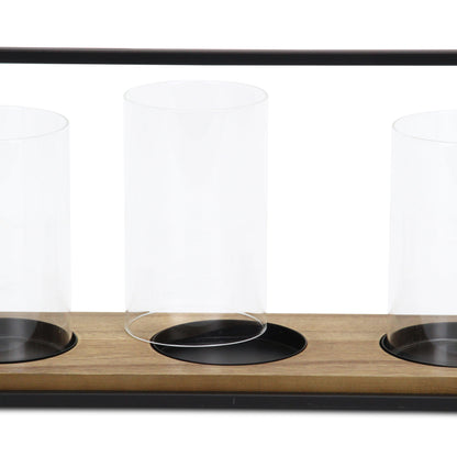 15" Black Metal Glass And Wood Geometric Three Light Hurricane Candle Holder - Loft&Timber