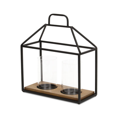 15" Black Metal Glass And Wood Geometric Two Light Hurricane Candle Holder - Loft&Timber