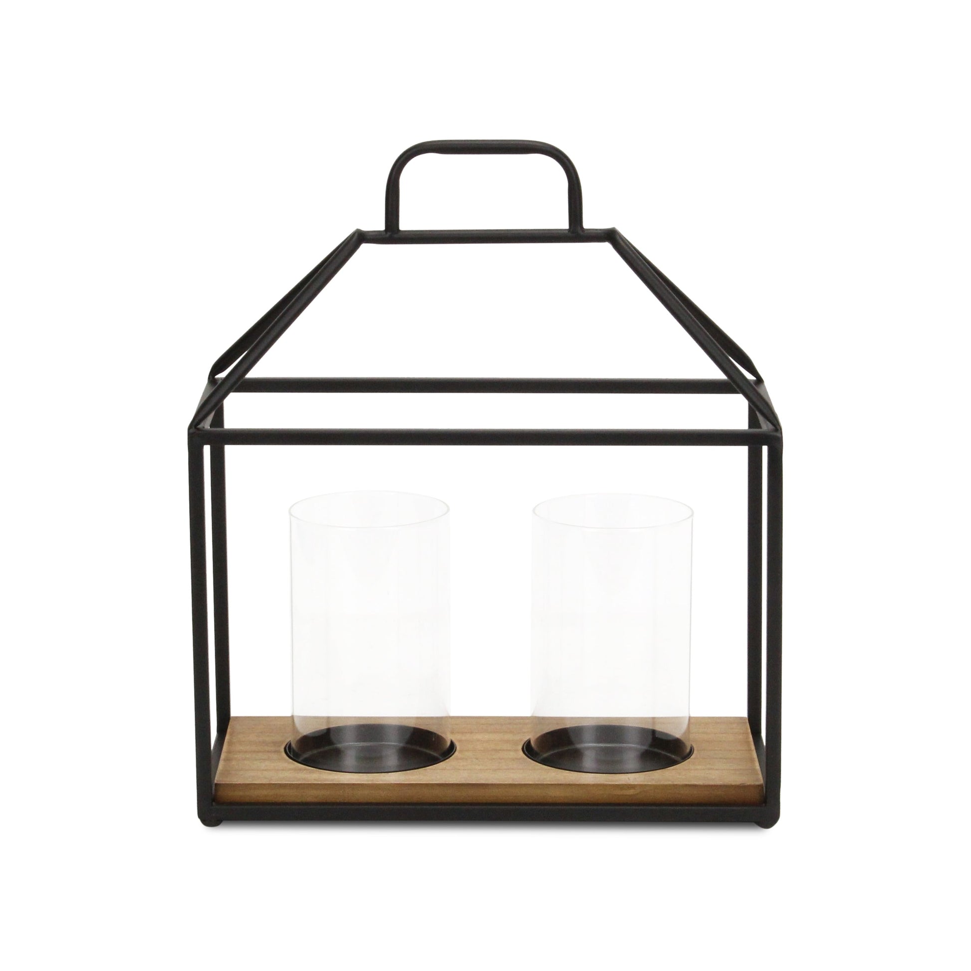 15" Black Metal Glass And Wood Geometric Two Light Hurricane Candle Holder - Loft&Timber