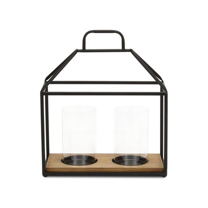 15" Black Metal Glass And Wood Geometric Two Light Hurricane Candle Holder - Loft&Timber