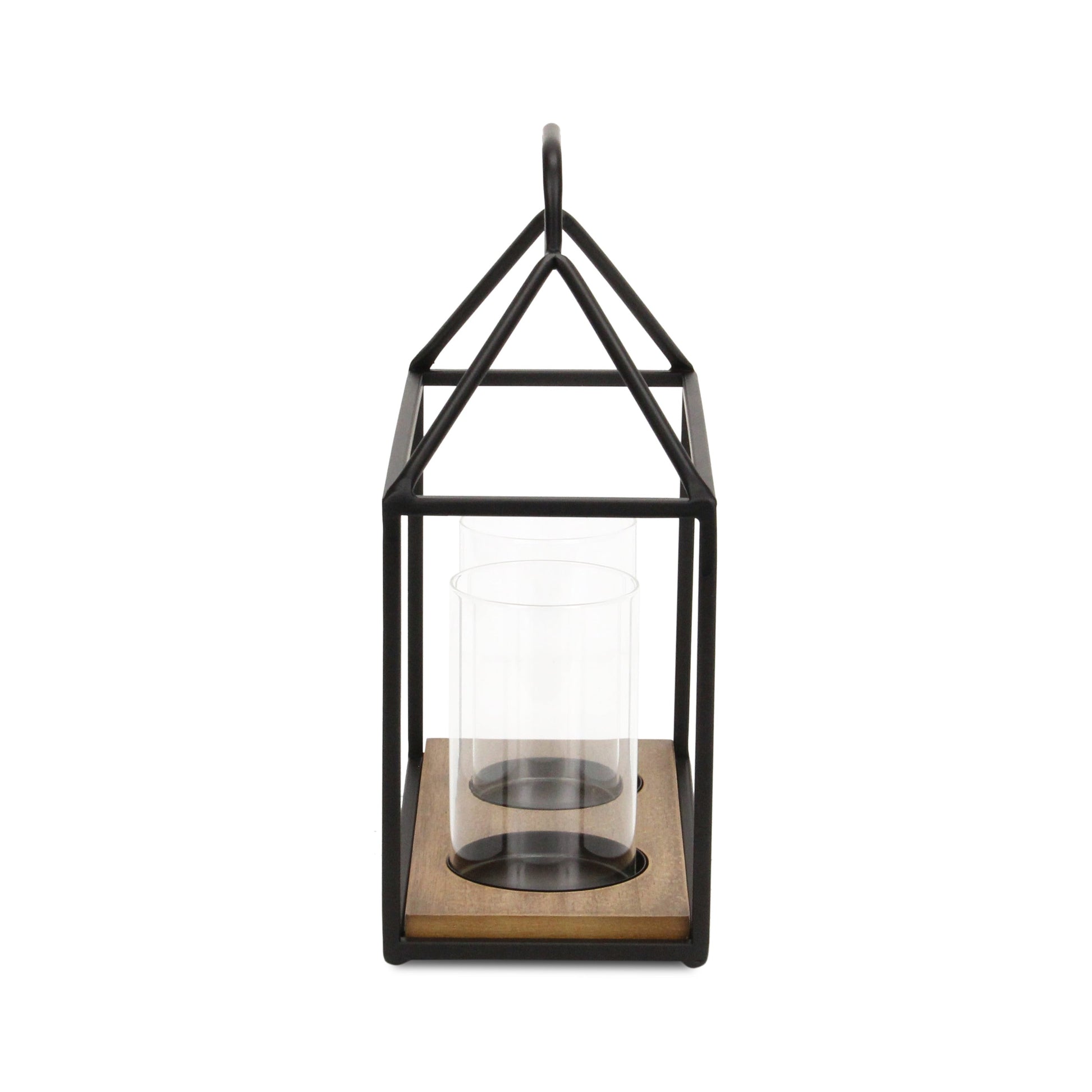 15" Black Metal Glass And Wood Geometric Two Light Hurricane Candle Holder - Loft&Timber