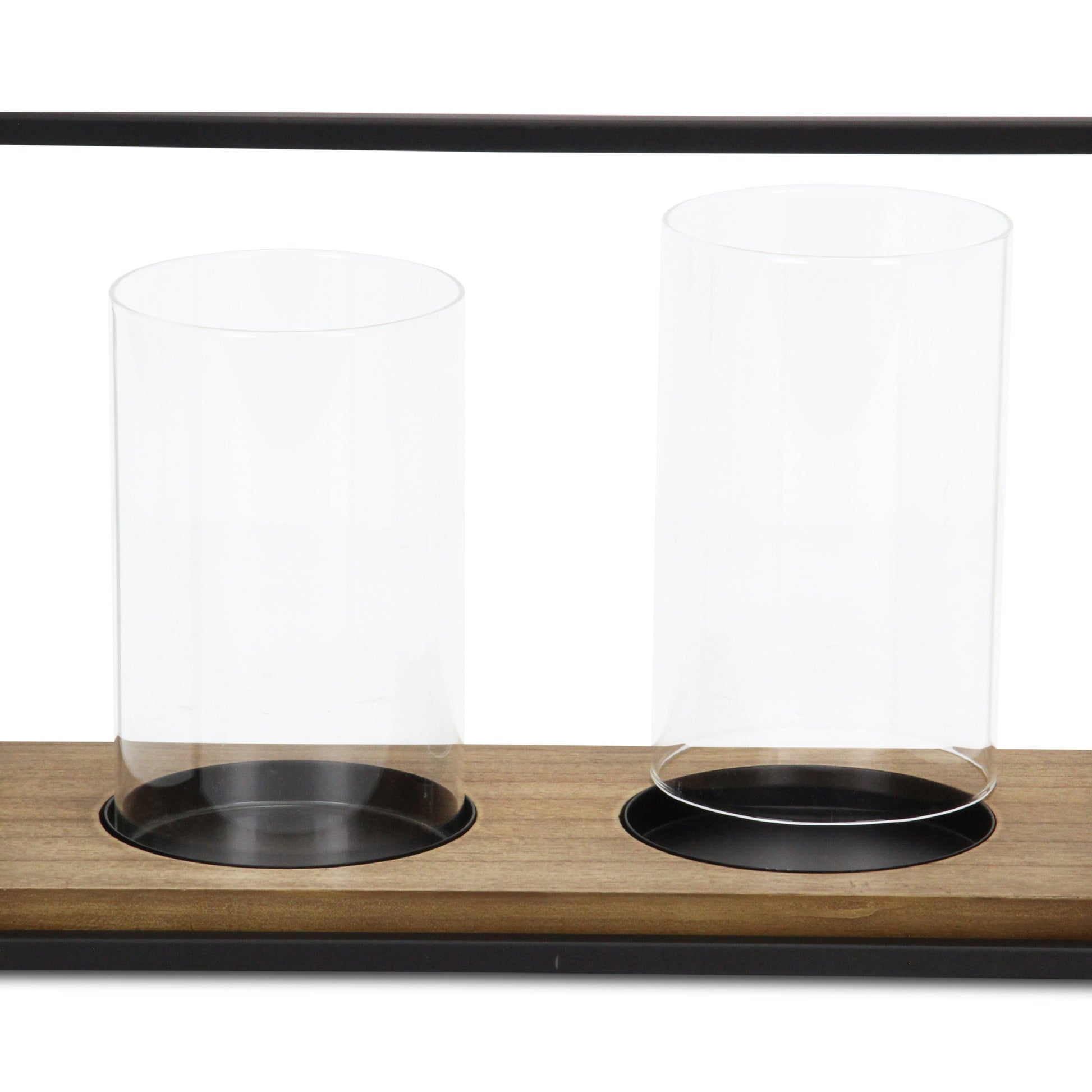 15" Black Metal Glass And Wood Geometric Two Light Hurricane Candle Holder - Loft&Timber