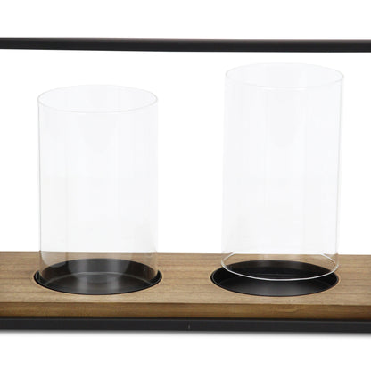 15" Black Metal Glass And Wood Geometric Two Light Hurricane Candle Holder - Loft&Timber