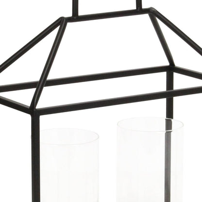 15" Black Metal Glass And Wood Geometric Two Light Hurricane Candle Holder - Loft&Timber