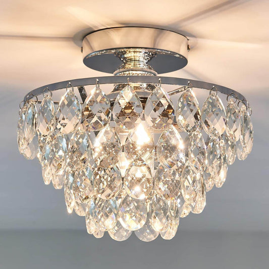 Modern E26 Small Crystal Chandelier Semi Flush Mount Ceiling Light Fixture Silver Ceiling Lamp for Hallway Bedroom Bathroom Closet Bedroom Foyer （Chrome） - Loft&Timber