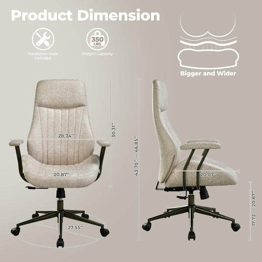 Ergonomic Home Office Chair, Mid-Century Modern Leather Chair with Lumbar Support (Beige, Suede Leather) - Loft&Timber