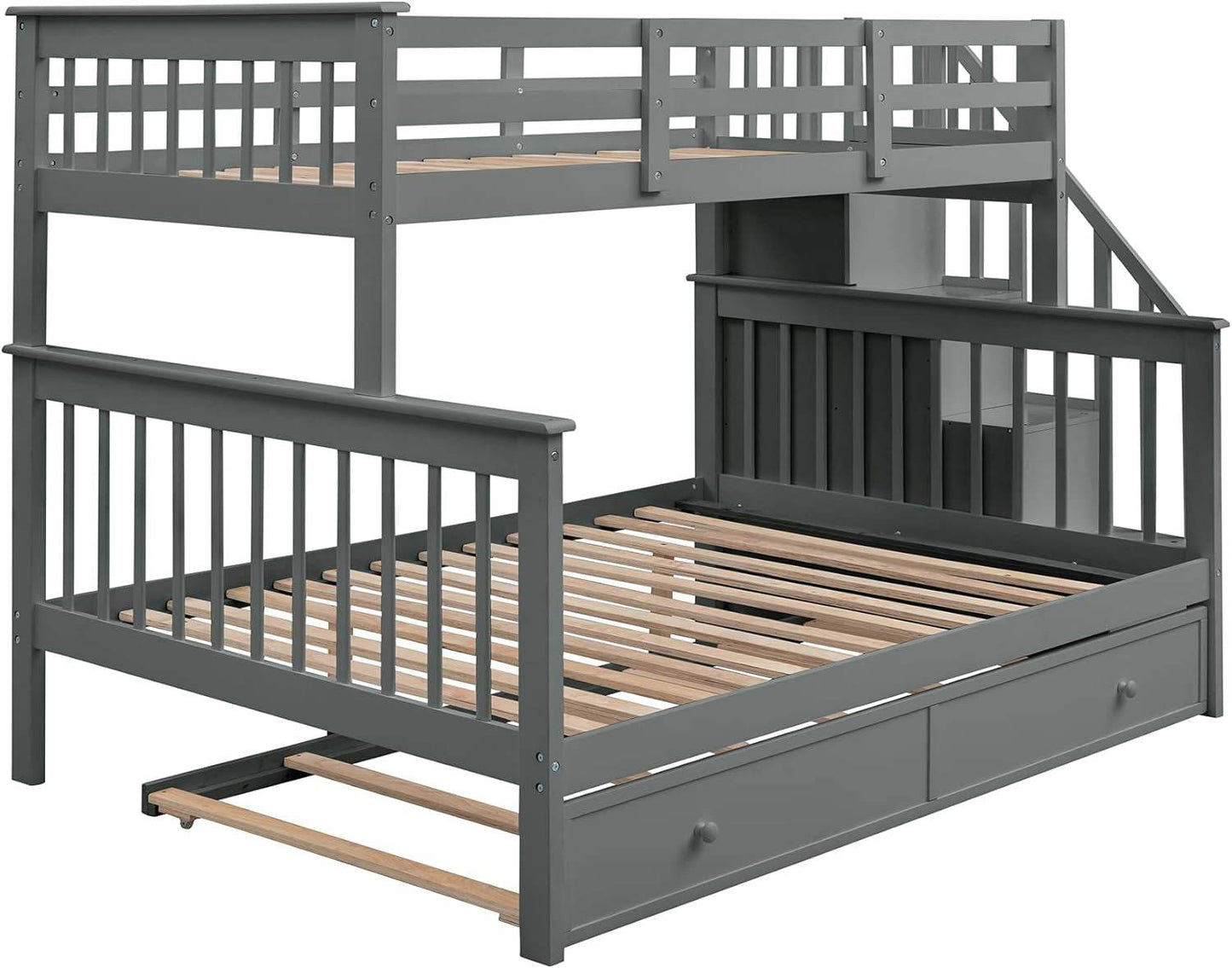 Twin over Full Bunk Bed, Wooden Bunk Bed Frame Twin over Full with Trundle and Storage Shelves, Twin over Full Size Bunk Beds with Staircases for Kids Teens Adults, Grey - Loft&Timber