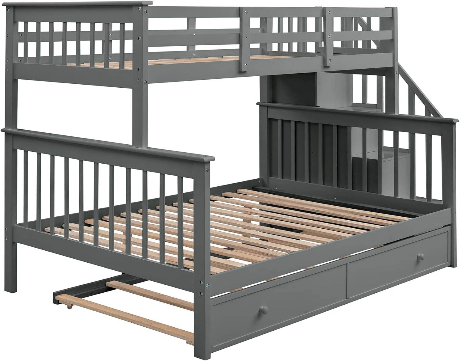 Twin over Full Bunk Bed, Wooden Bunk Bed Frame Twin over Full with Trundle and Storage Shelves, Twin over Full Size Bunk Beds with Staircases for Kids Teens Adults, Grey - Loft&Timber