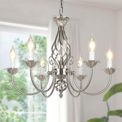 6-Light Farmhouse Candle Chandelier for Living Room, Rustic Industrial Pendant Ceiling Light Fixture, Brushed Nickle Modern Ceiling Hanging Lamp for Bedroom Hallway Kitchen Dining Room Foyer, E12 Base - Loft&Timber