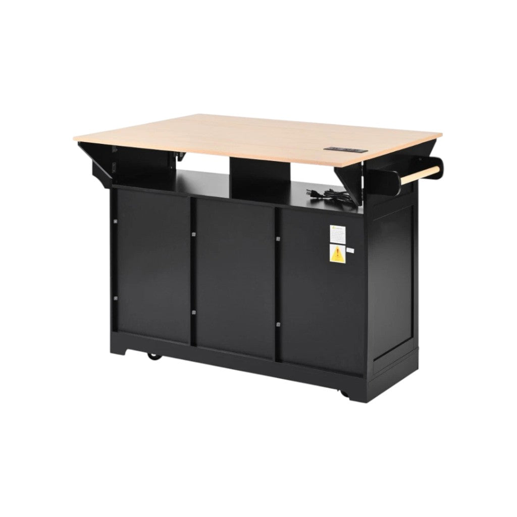 56" Black Wood Rolling Kitchen Island With Storage-3