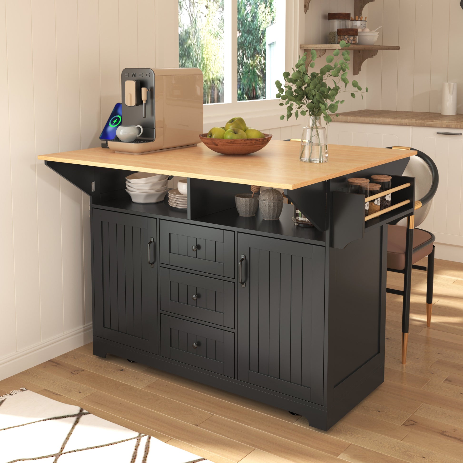 56" Black Wood Rolling Kitchen Island With Storage-5