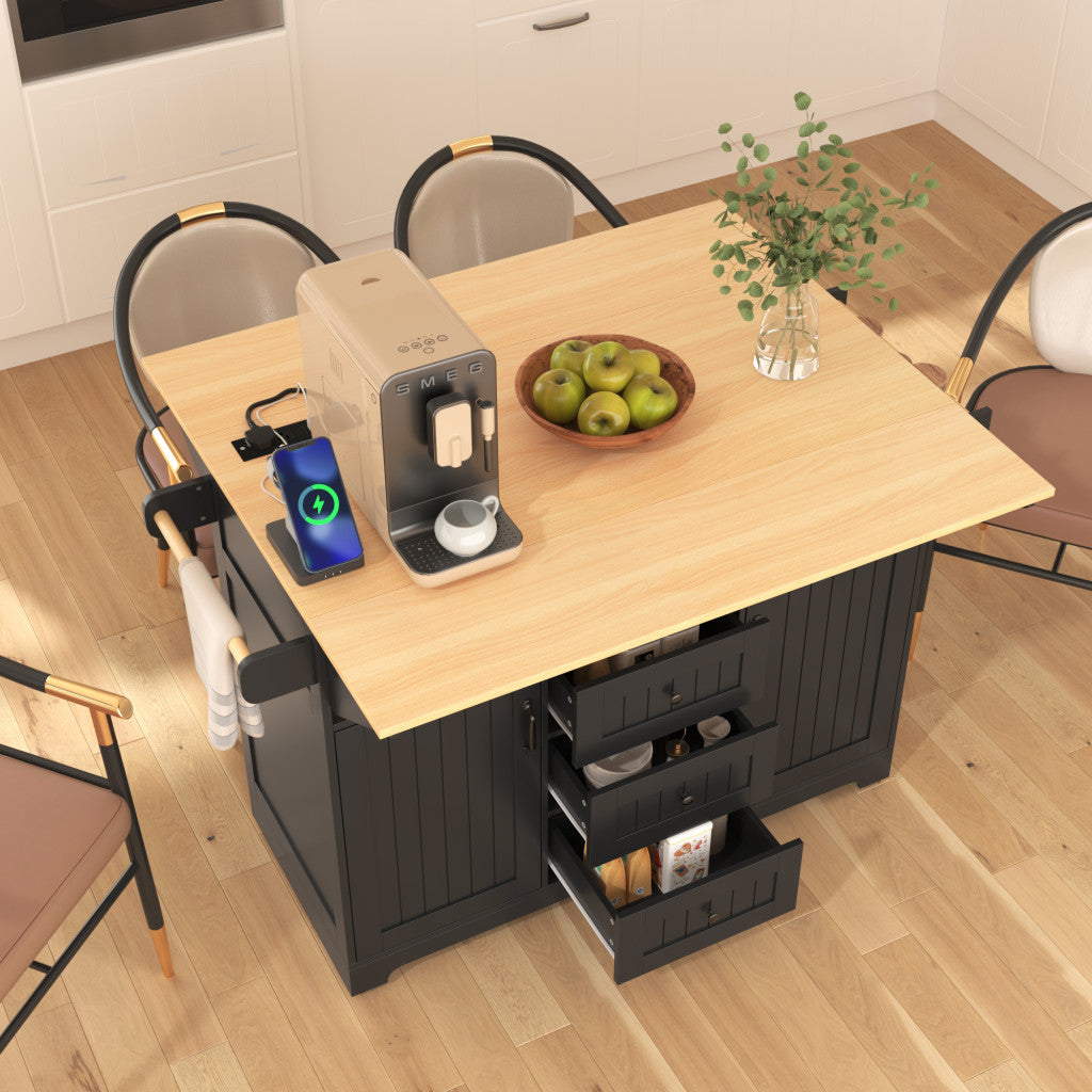 56" Black Wood Rolling Kitchen Island With Storage-6