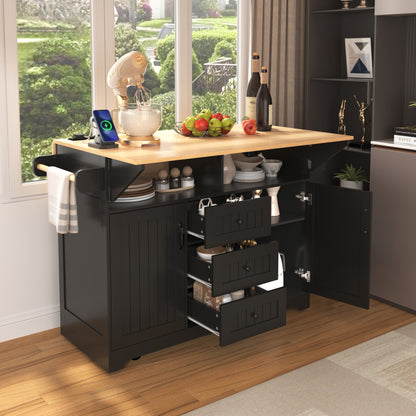 56" Black Wood Rolling Kitchen Island With Storage-7