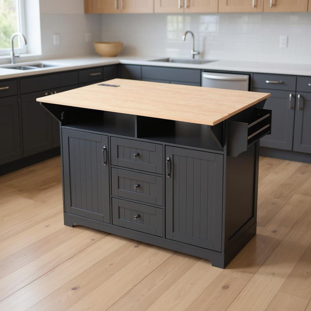 56" Black Wood Rolling Kitchen Island With Storage-0
