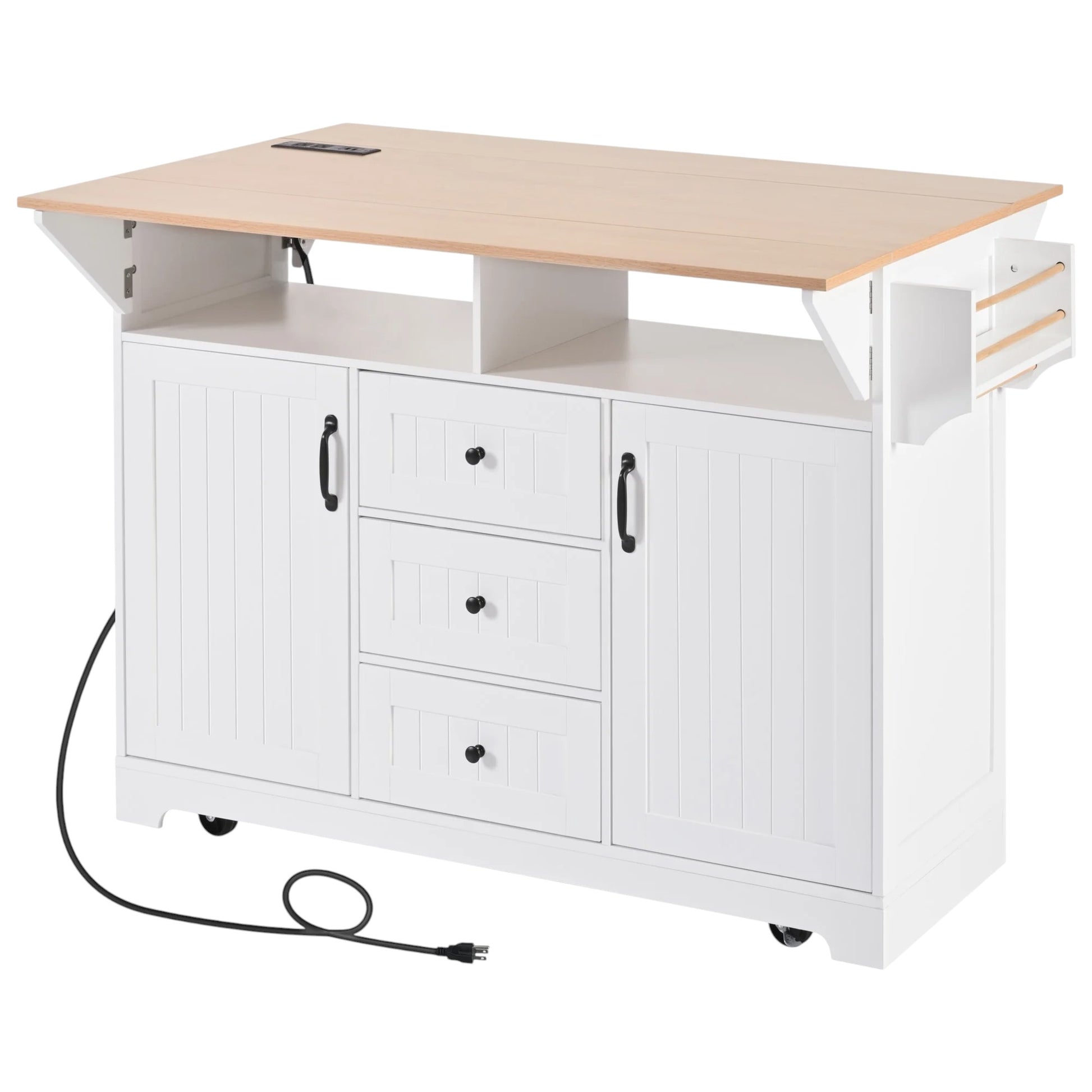 56" White Wood Rolling Kitchen Island With Storage-1