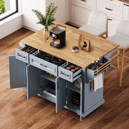54" Light Blue Wood Rolling Kitchen Island With Storage-6