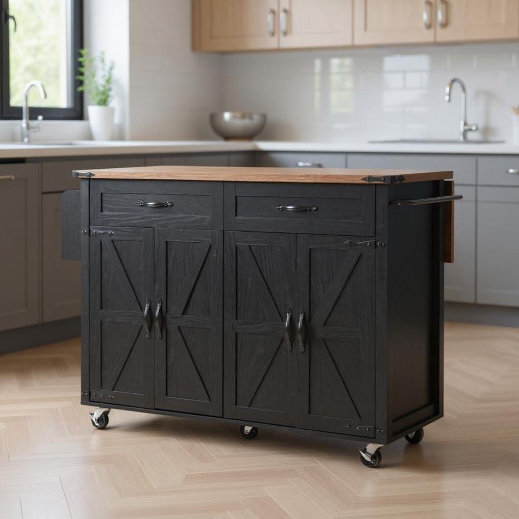 54" Black Wood Rolling Kitchen Island-0