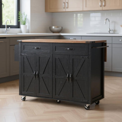 54" Black Wood Rolling Kitchen Island-0