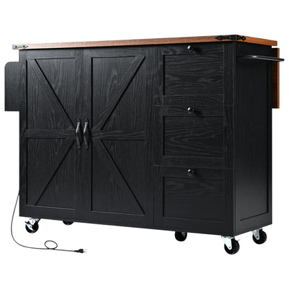 55" Black Wood Rolling Kitchen Island-1
