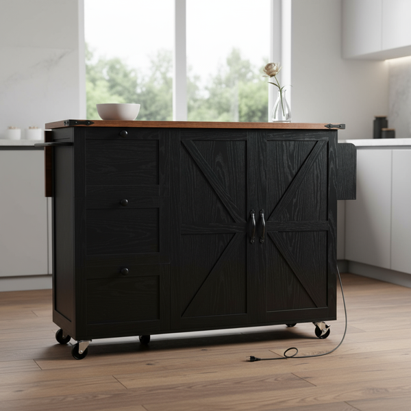 55" Black Wood Rolling Kitchen Island-0