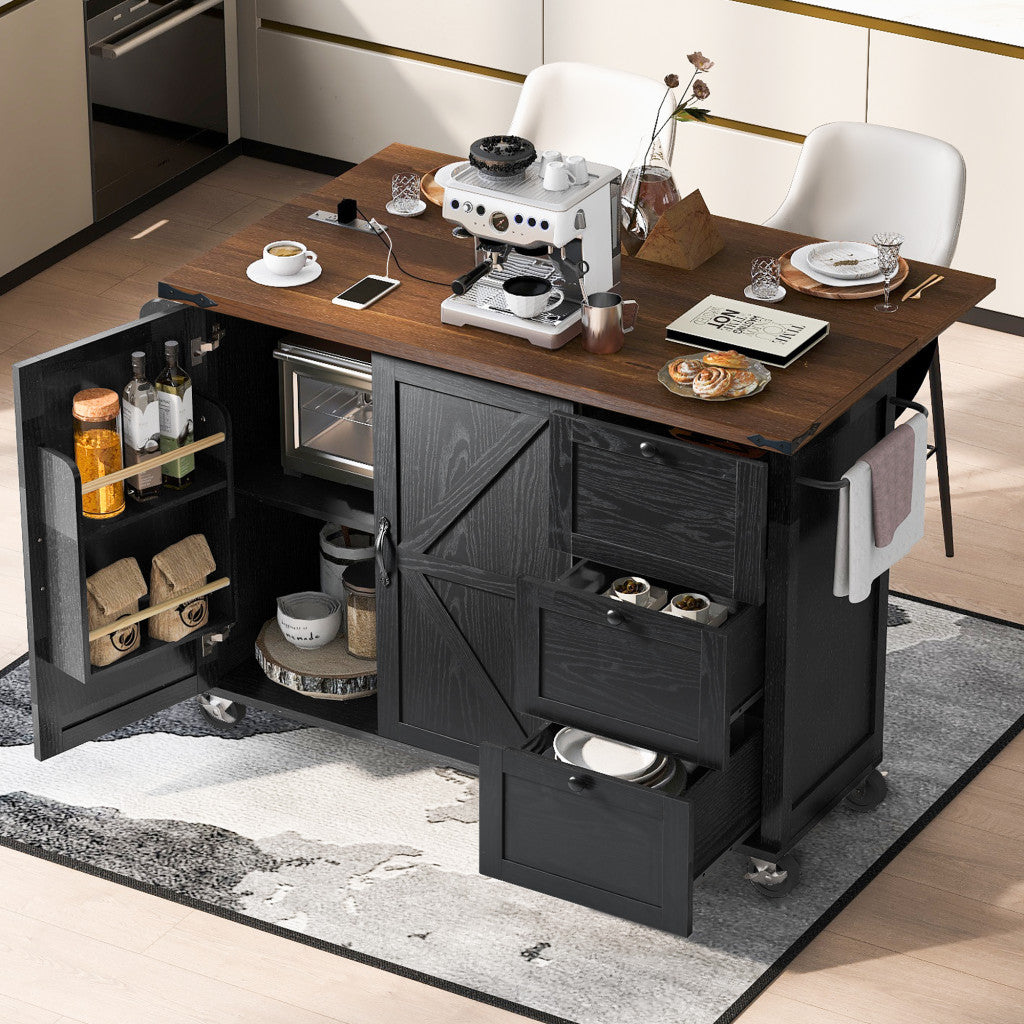 55" Black Wood Rolling Kitchen Island-7
