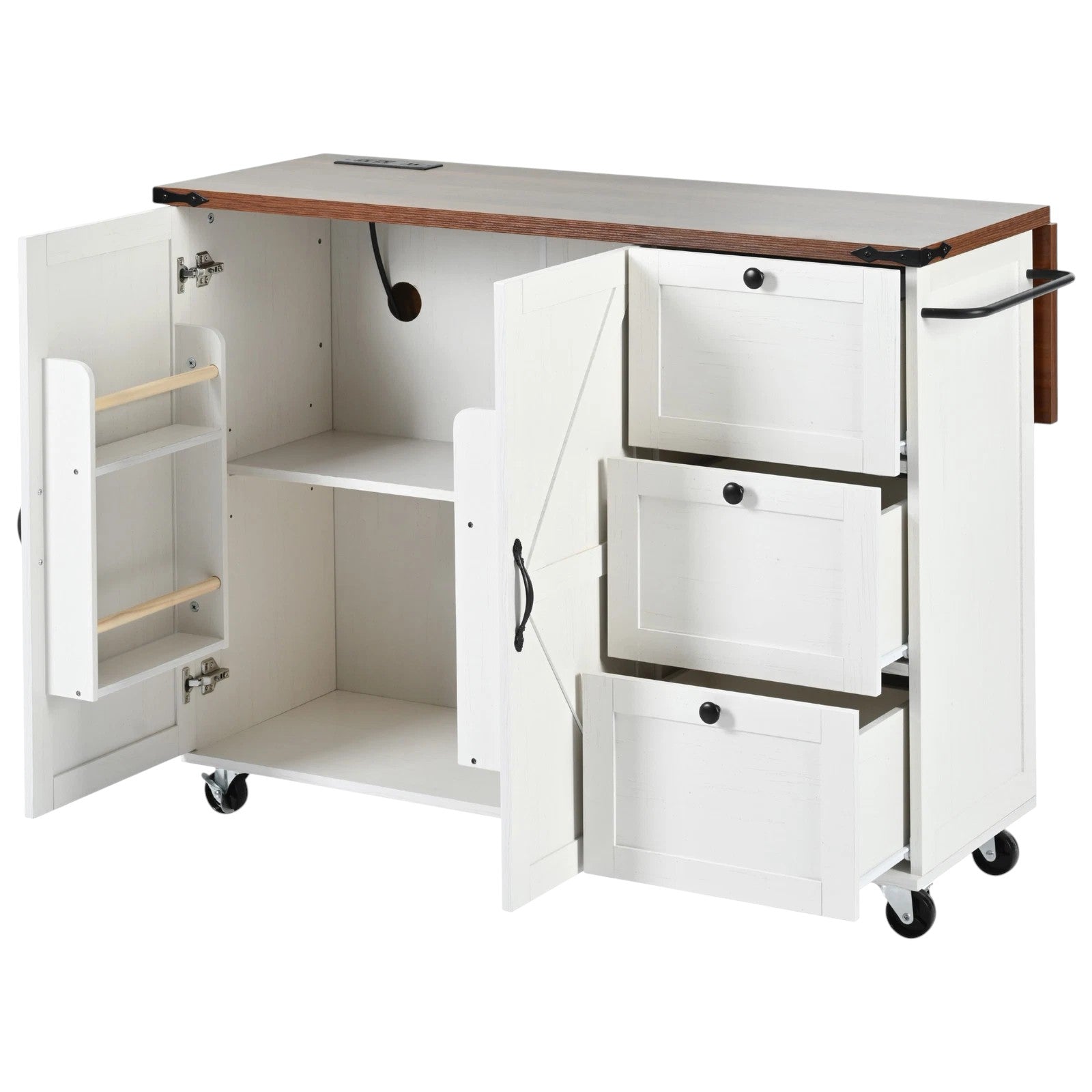 55" White Wood Rolling Kitchen Island-2