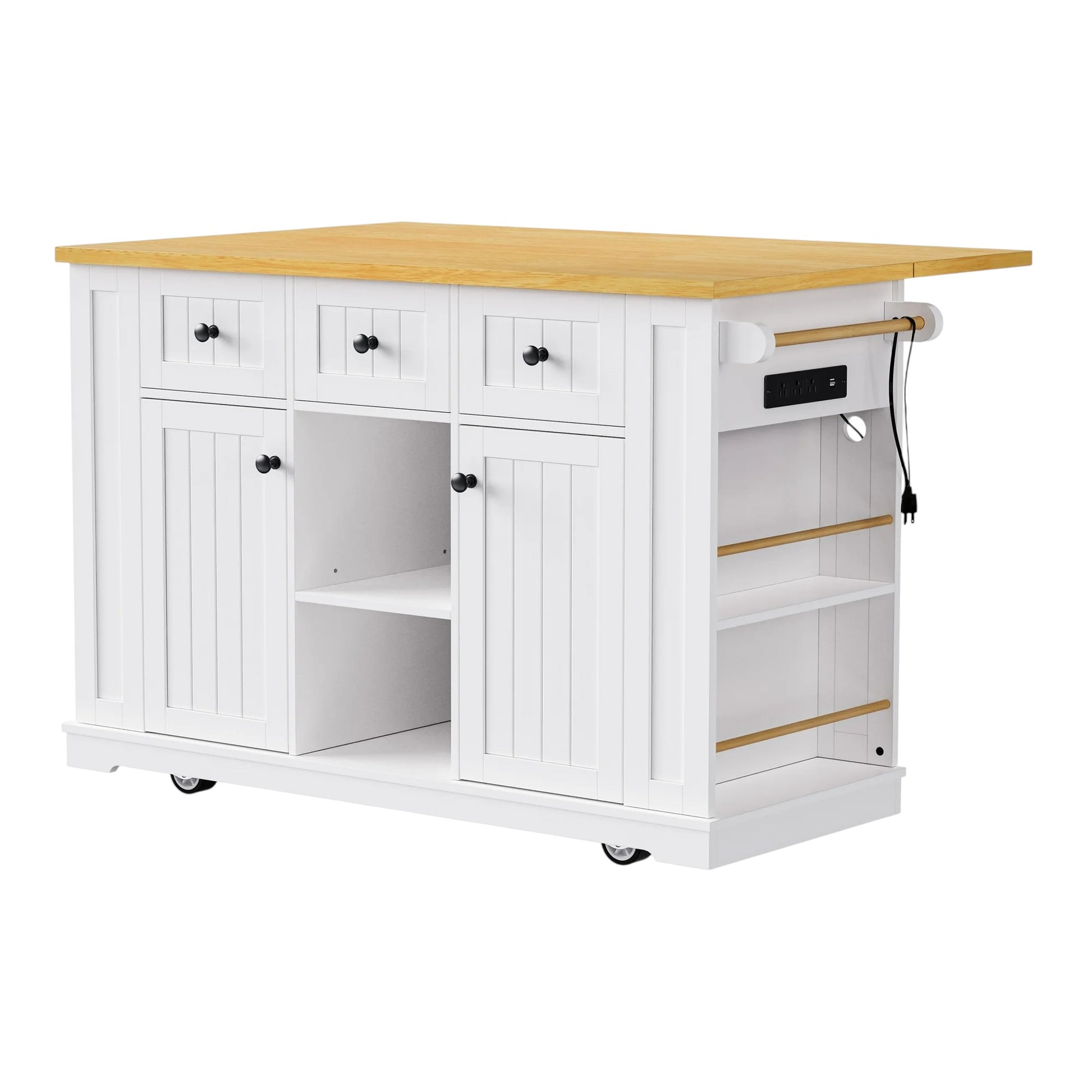 53" White Wood Rolling Kitchen Island With Storage-1