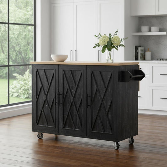 51" Black Wood Rolling Kitchen Island-0
