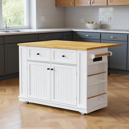 48" White Wood Rolling Kitchen Island With Storage-0