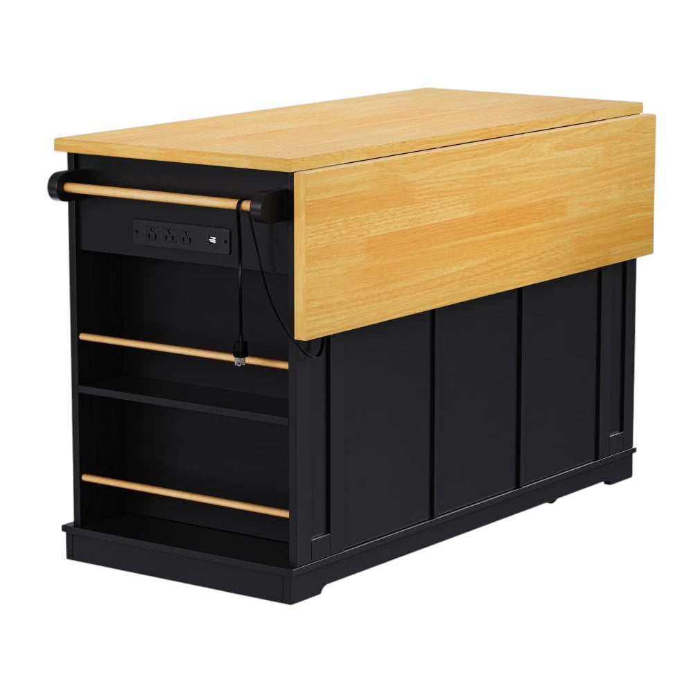 53" Black Wood Rolling Kitchen Island Set With Storage-4
