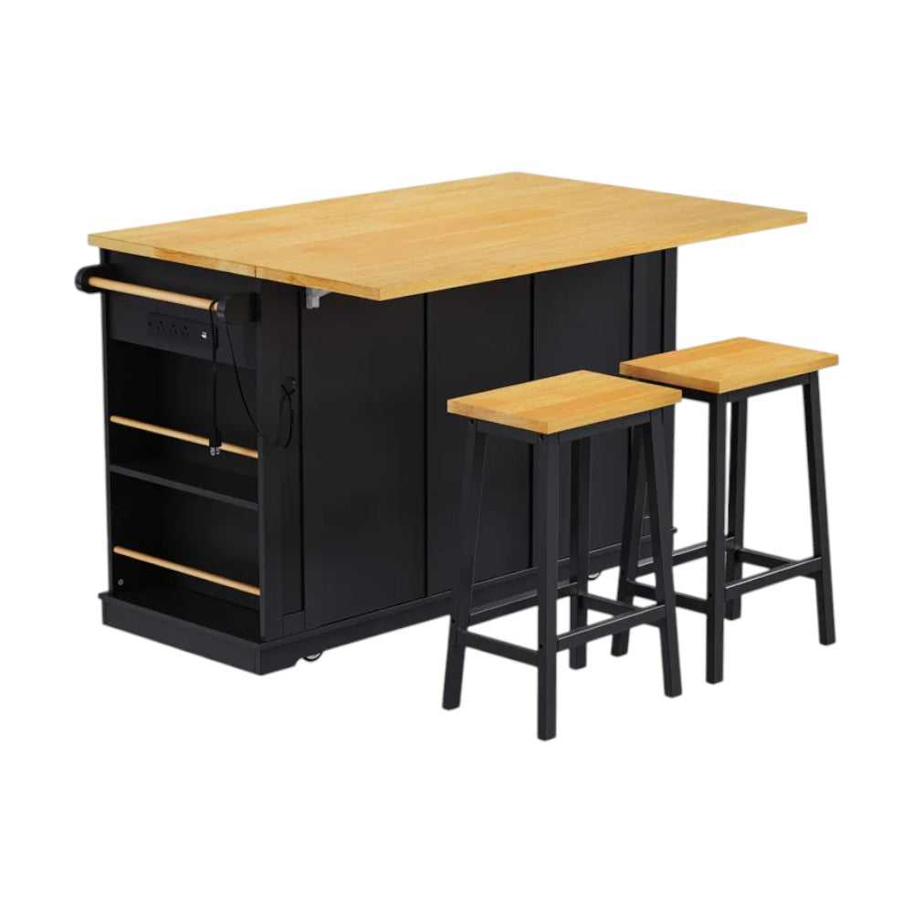 53" Black Wood Rolling Kitchen Island Set With Storage-7