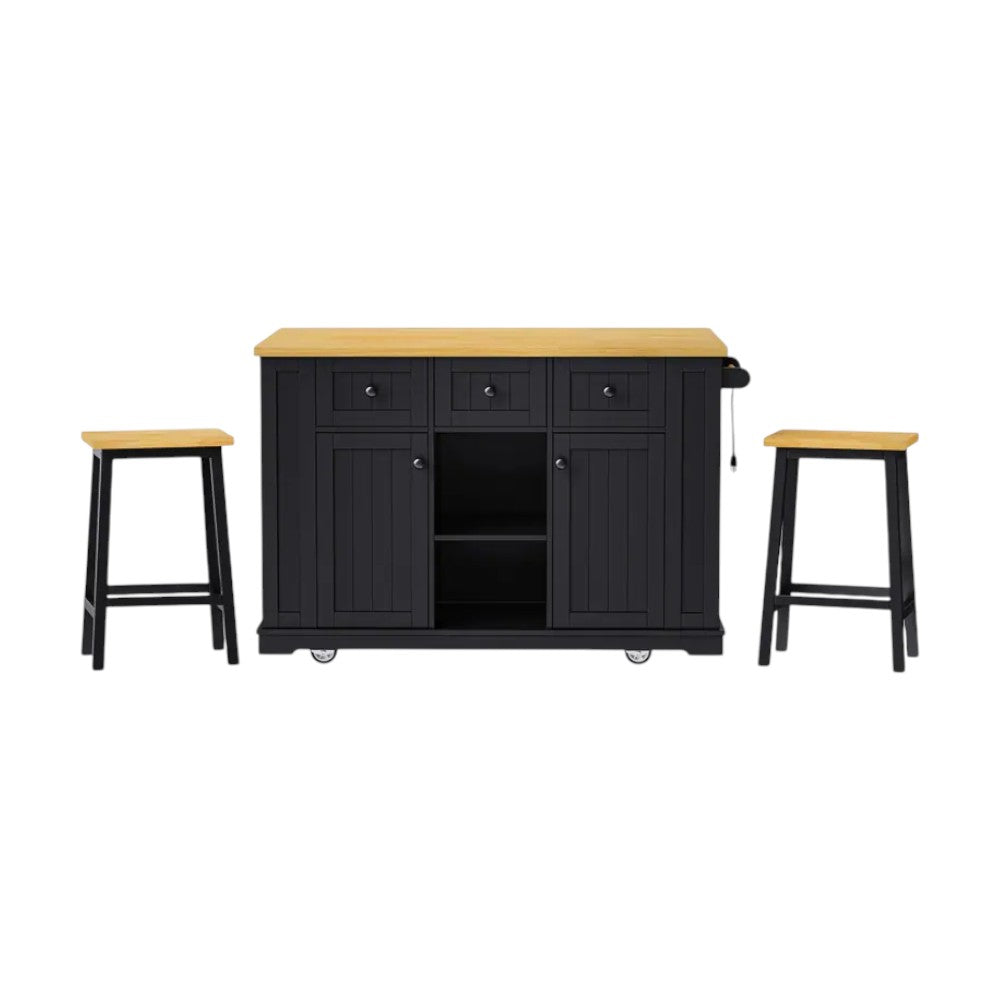 53" Black Wood Rolling Kitchen Island Set With Storage-8
