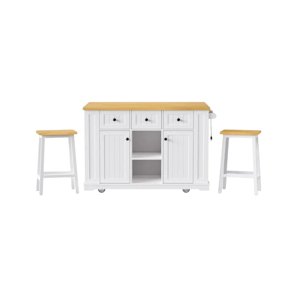 53" White Wood Rolling Kitchen Island Set With Storage-5