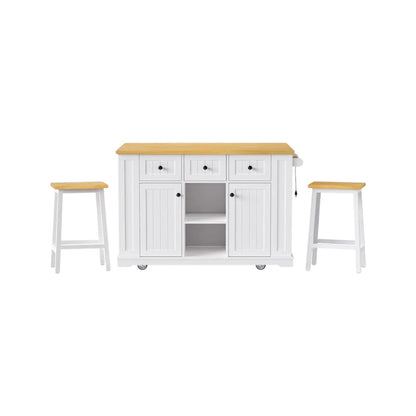 53" White Wood Rolling Kitchen Island Set With Storage-5