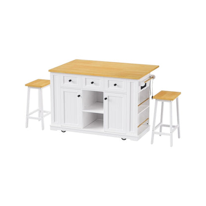 53" White Wood Rolling Kitchen Island Set With Storage-6