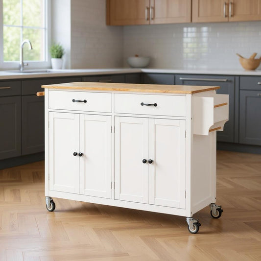 51" White Wood Rolling Kitchen Island-0