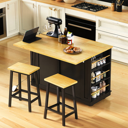 45" Black Wood Rolling Kitchen Island Set With Storage - Loft&Timber
