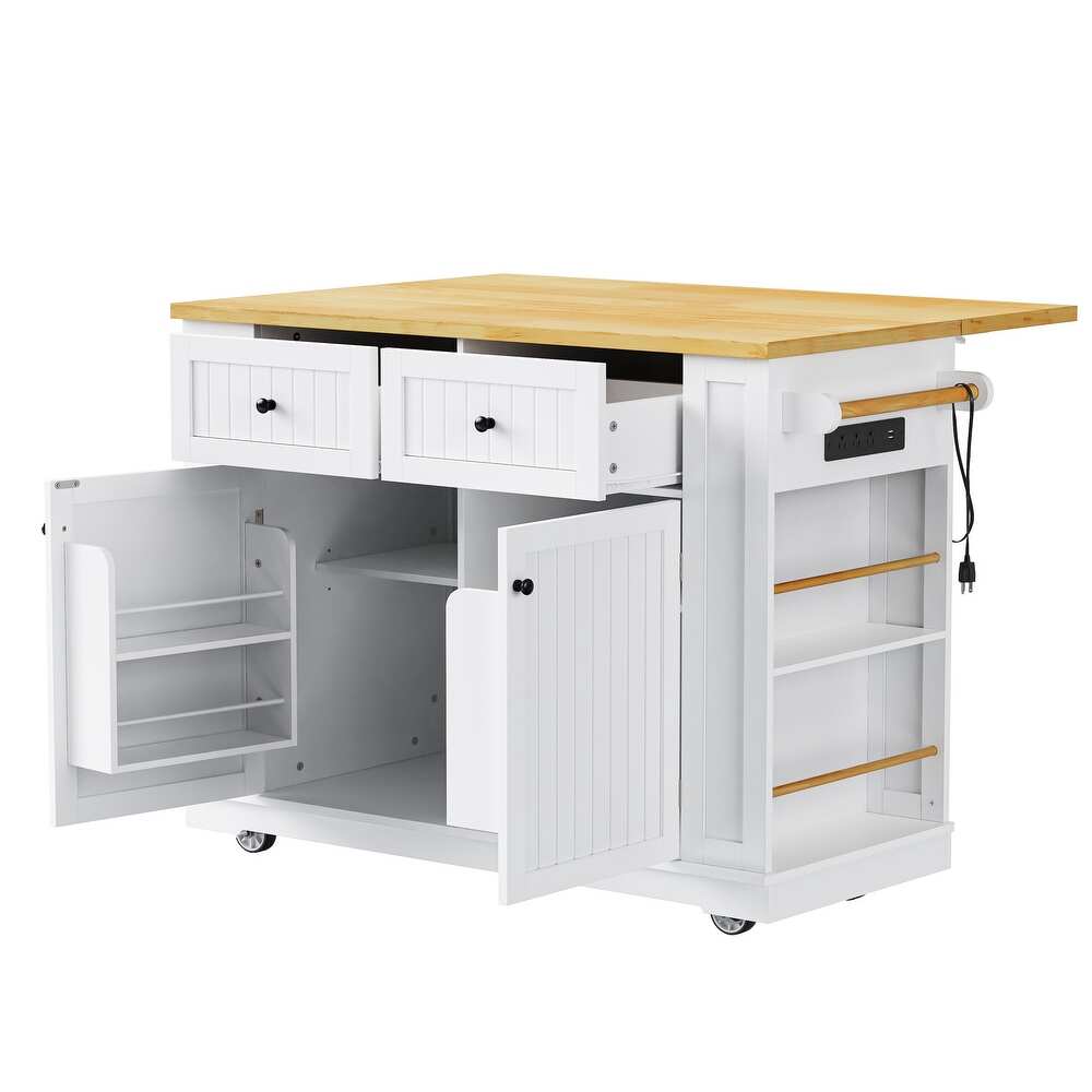 45" White Wood Rolling Kitchen Island Set With Storage-4
