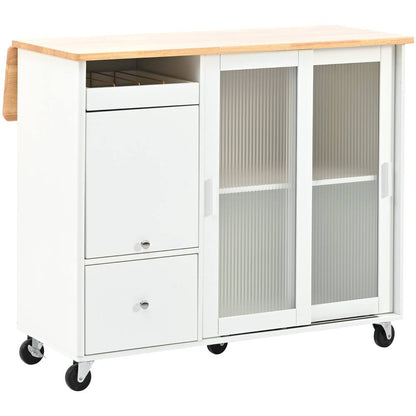 44" White Wood Rolling Kitchen Island With Storage-1