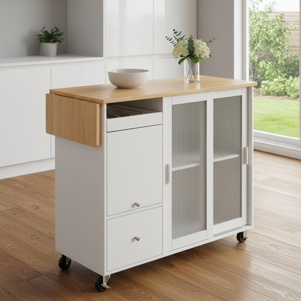44" White Wood Rolling Kitchen Island With Storage-0
