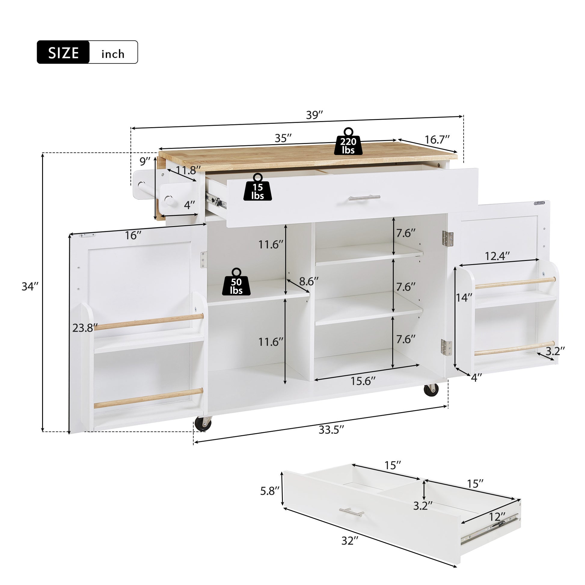 39" White Wood Rolling Kitchen Island - Loft&Timber